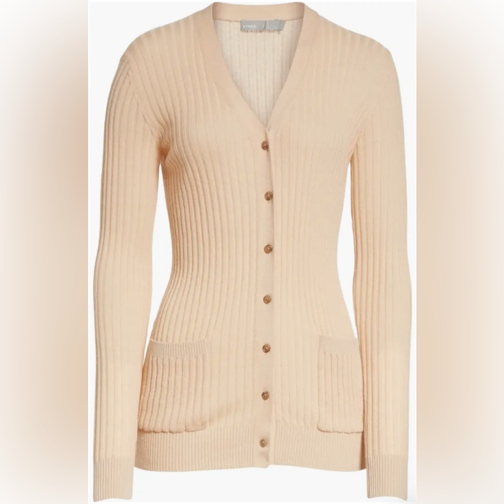 VINCE Skinny Ribbed 100% Cashmere Soft Button Down Beige Cardigan Women’s Medium - Picture 1 of 12